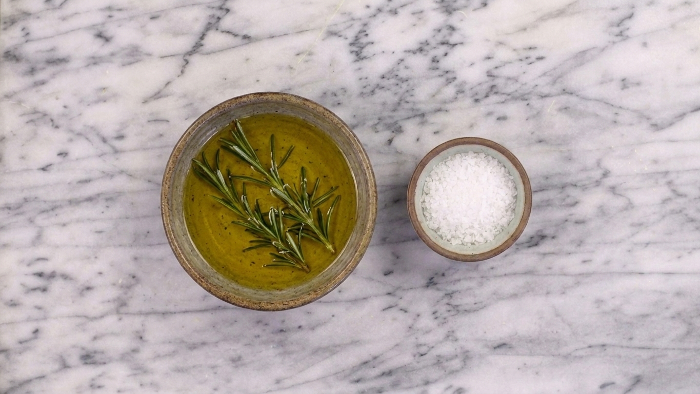 A small bowl of olive oil with rosemary sprigs and a pinch bowl of flaky sea salt on a kitchen counter