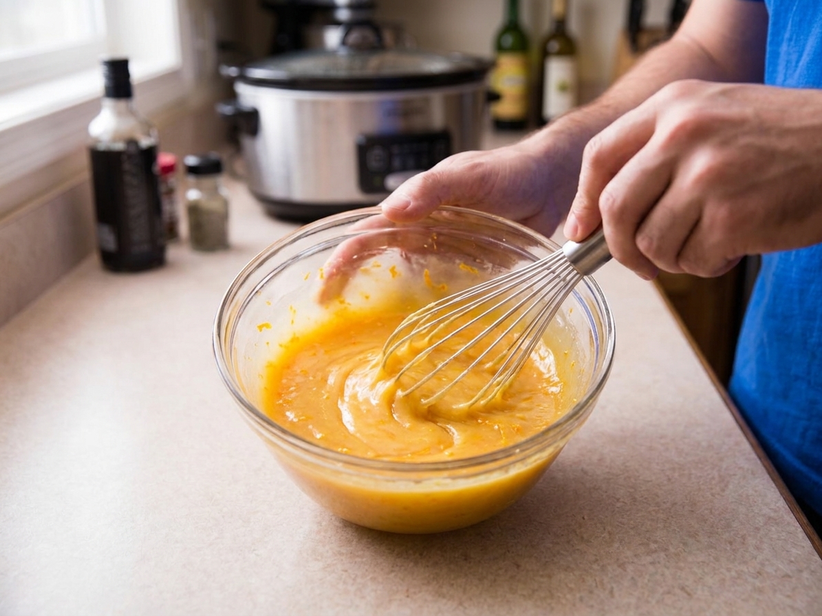 A small bowl of orange glaze being whisked smooth with visible orange zest