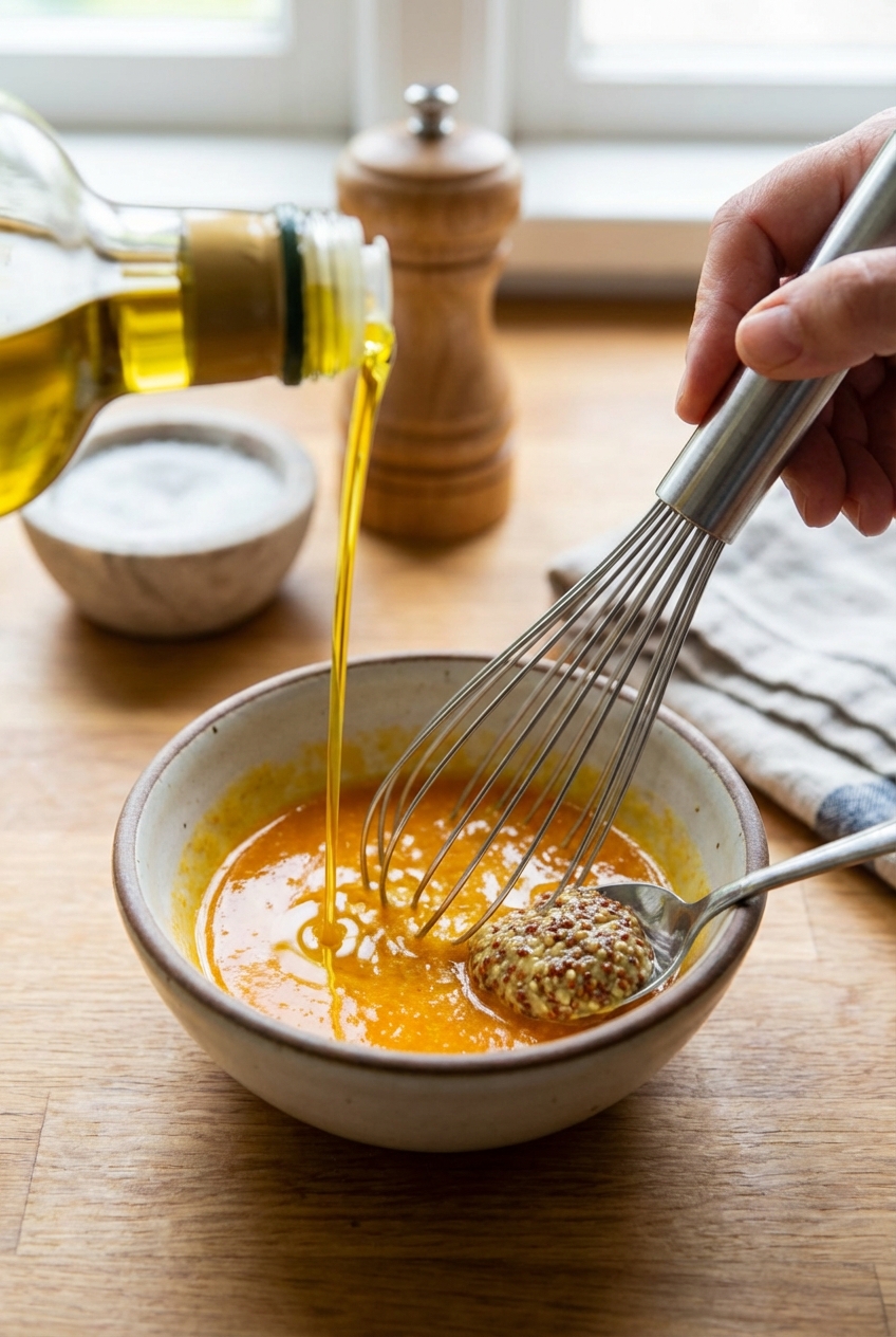 A small bowl of orange lime dressing being whisked with olive oil and Dijon mustard
