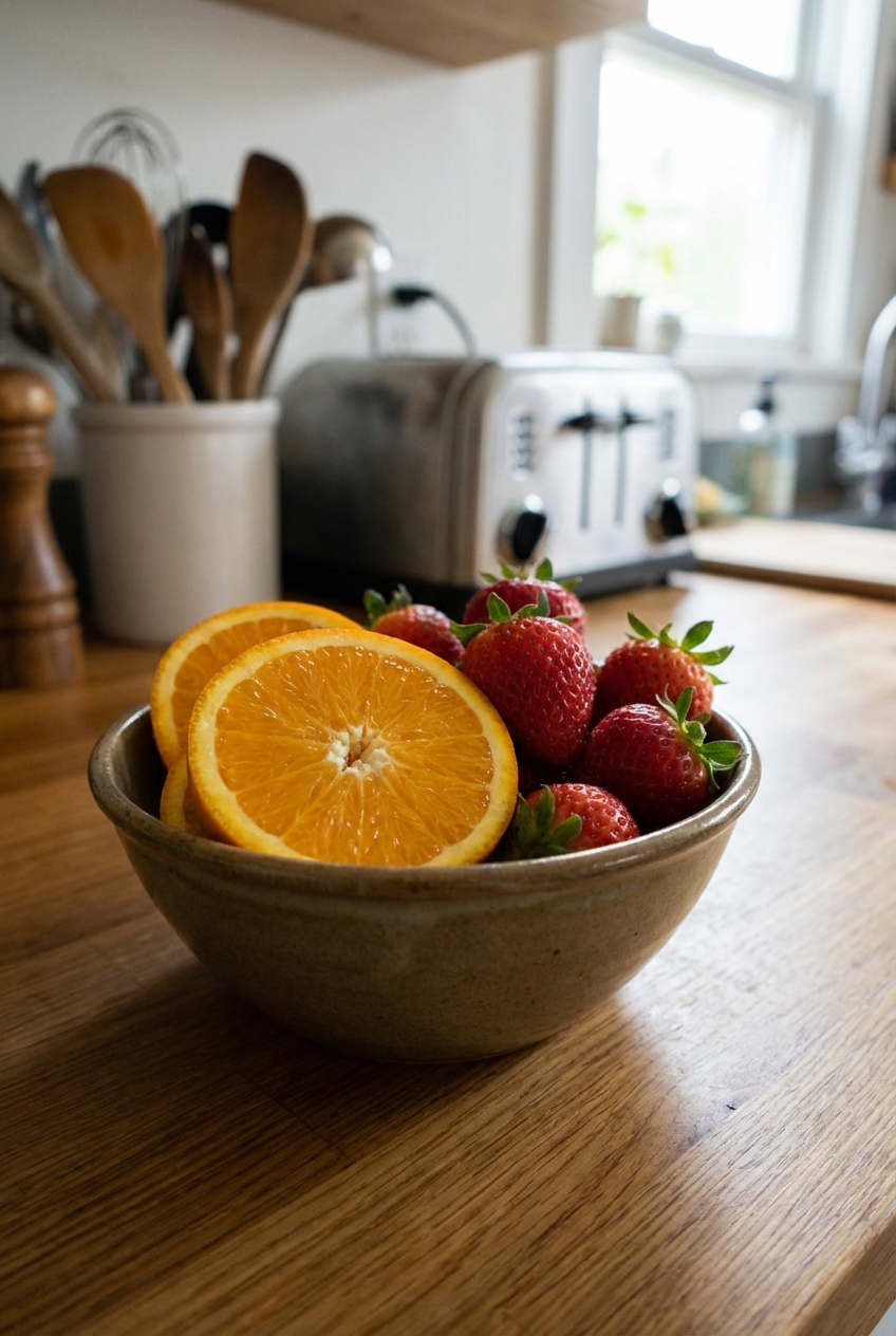 A small bowl of orange slices and strawberries on a kitchen counter