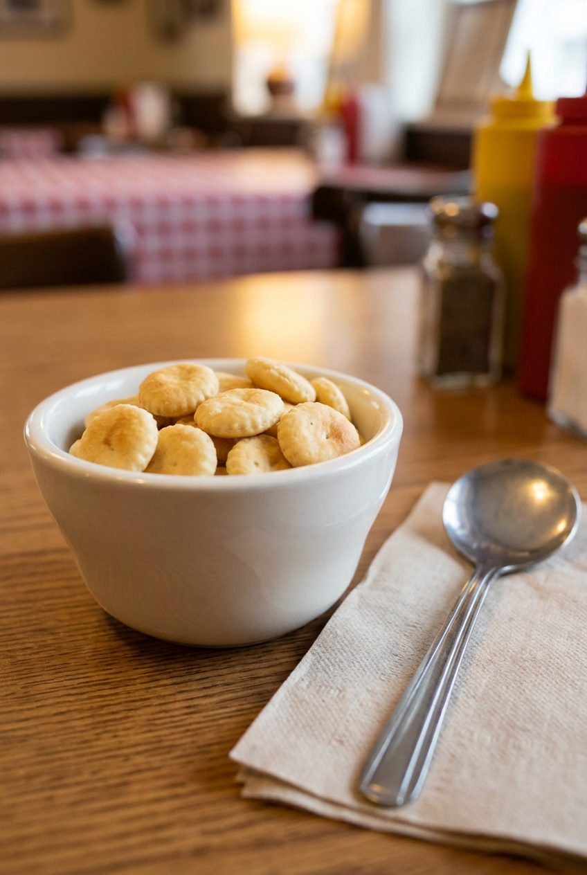 A small bowl of oyster crackers on a table next to a soup spoon