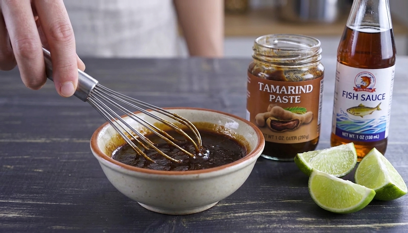 A small bowl of pad thai sauce being whisked on a kitchen counter with tamarind paste, fish sauce, and lime nearby