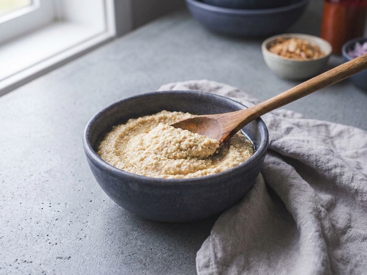 A small bowl of pale beige egusi paste with a spoon resting in it on a countertop