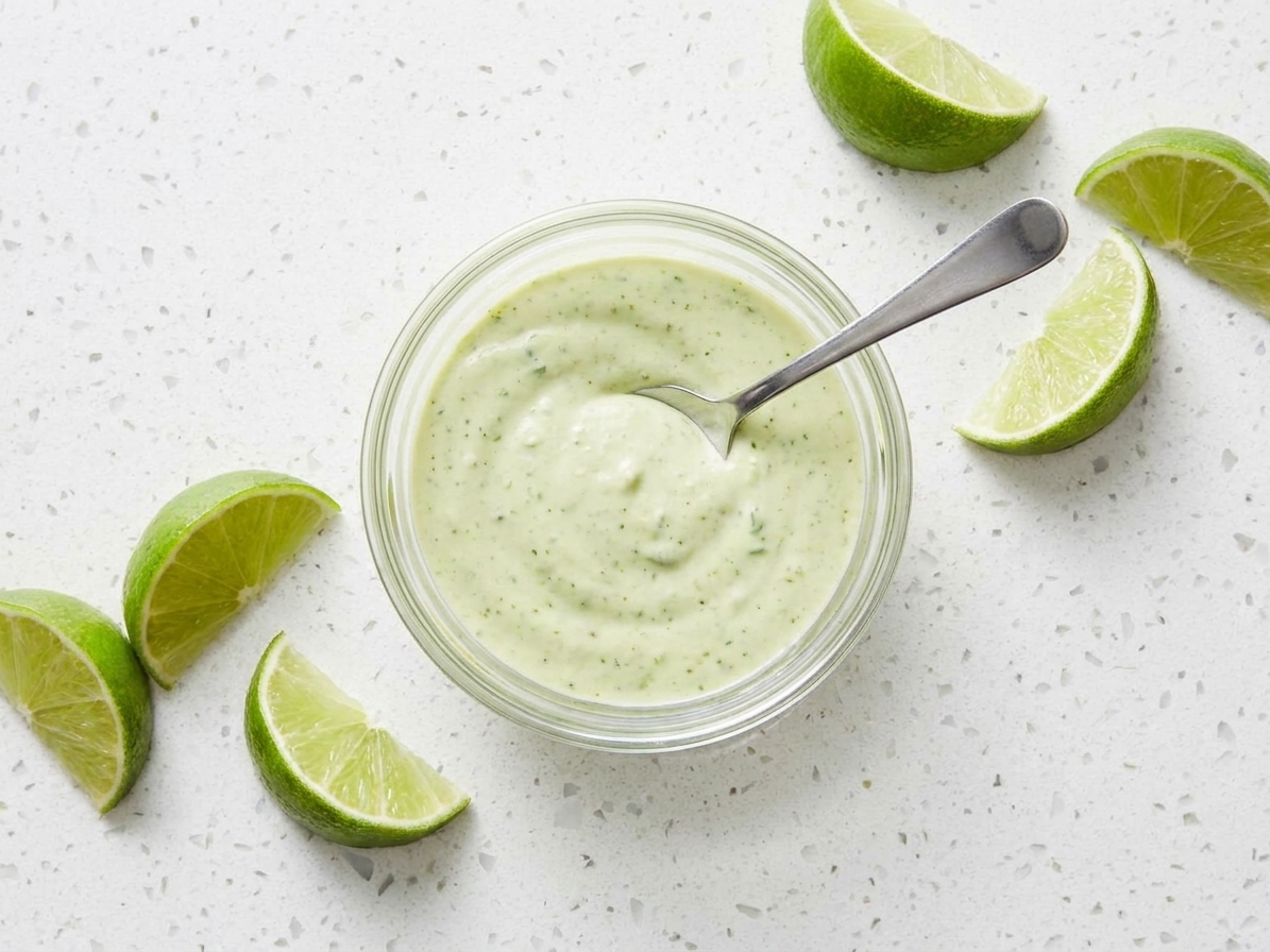 A small bowl of pale green jalapeño lime crema with a spoon on a kitchen counter, with lime wedges nearby