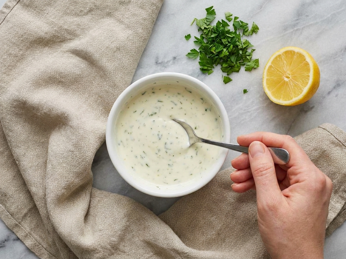 A small bowl of pale lemon-herb yogurt sauce being stirred with a spoon on a kitchen counter next to a cut lemon and chopped parsley