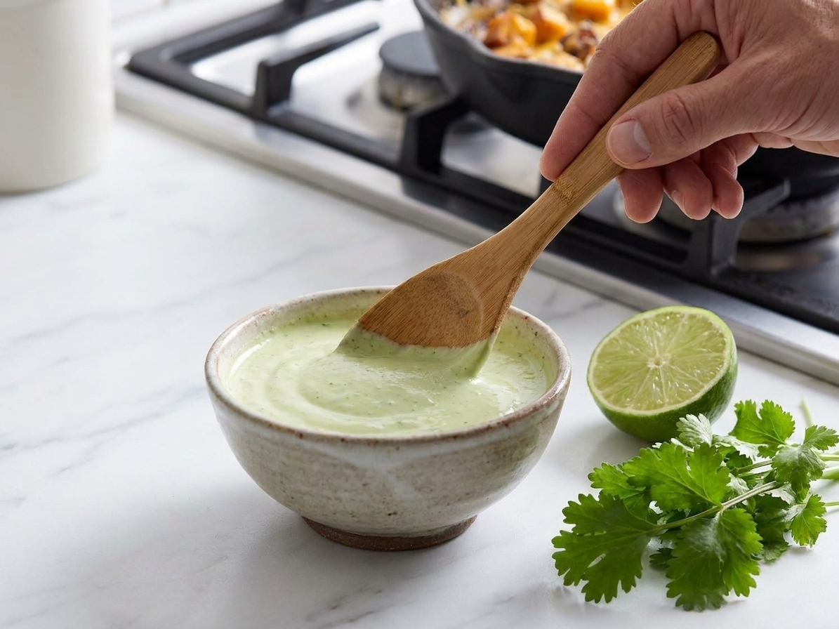 A small bowl of pale lime crema being stirred, with a lime half and cilantro nearby on a kitchen counter