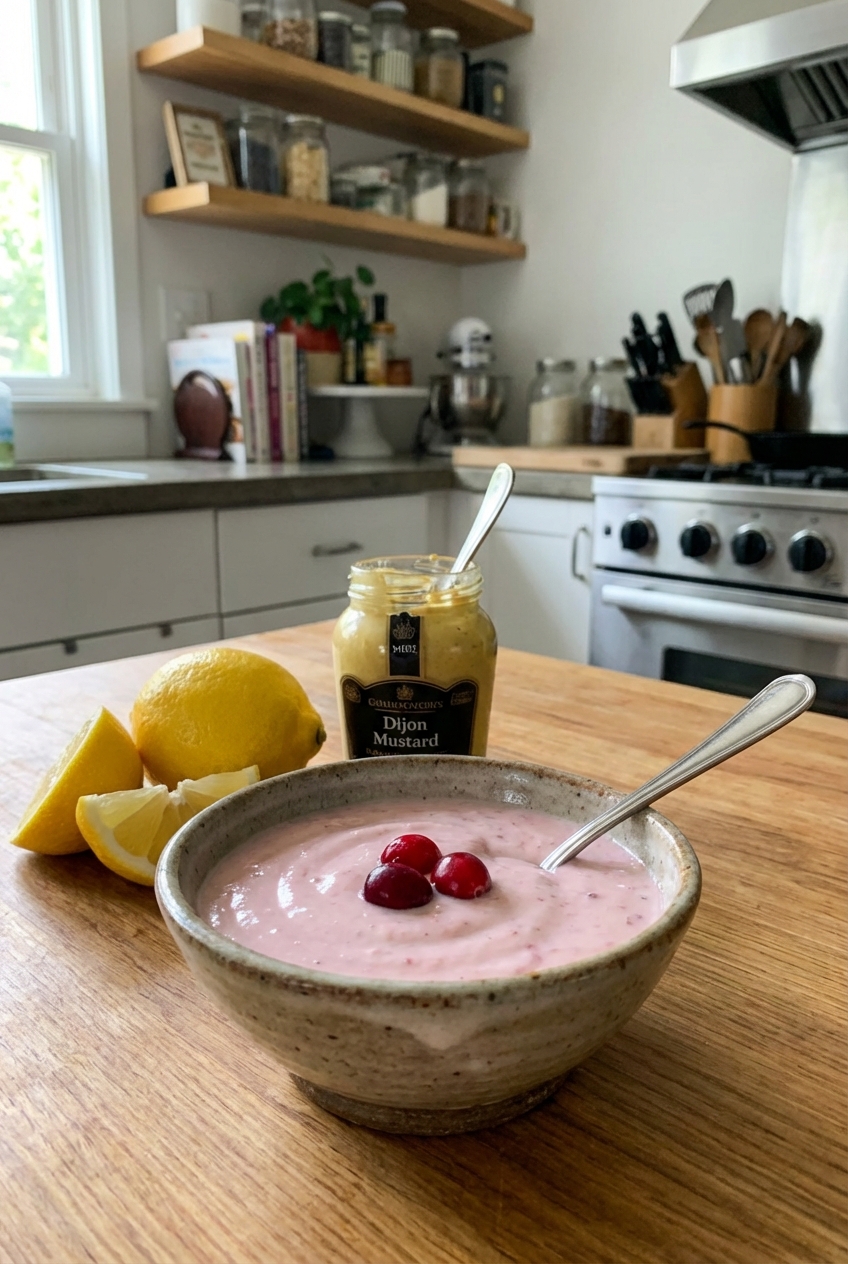 A small bowl of pale pink cranberry yogurt sauce with a spoon on a countertop next to lemon and Dijon mustard
