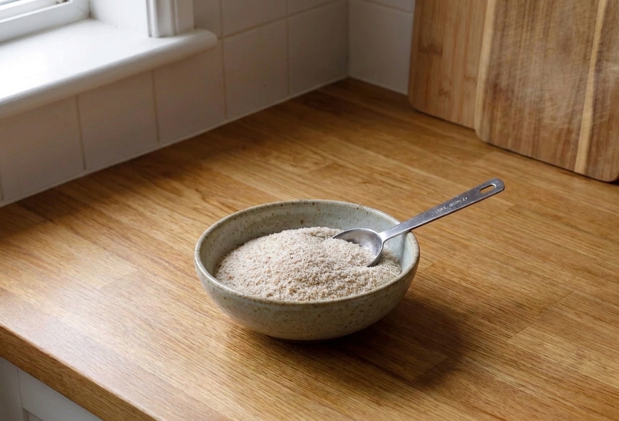 A small bowl of pale psyllium husk powder with a measuring spoon on a kitchen counter