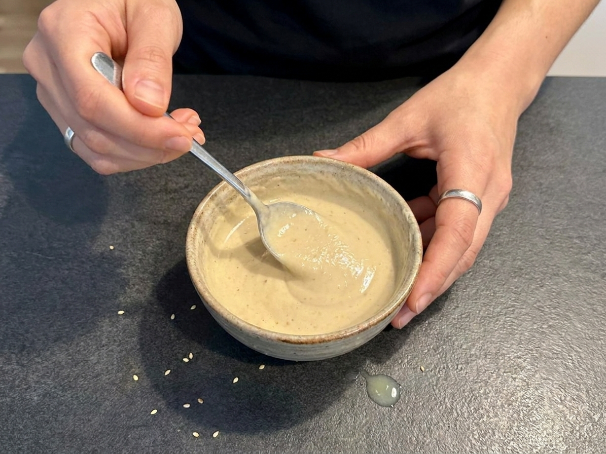 A small bowl of pale tan lime tahini sauce being whisked with a spoon on a kitchen counter