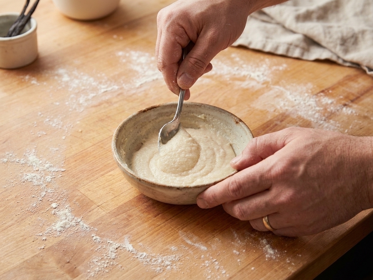 A small bowl of pale vanilla sugar paste being mixed with a spoon on a kitchen counter