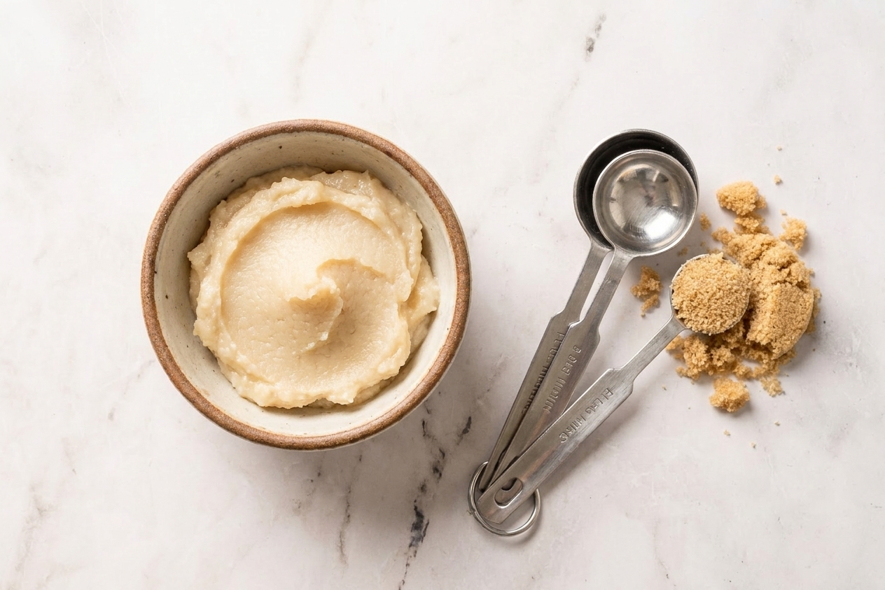 A small bowl of pale white miso paste on a kitchen counter next to measuring spoons and brown sugar