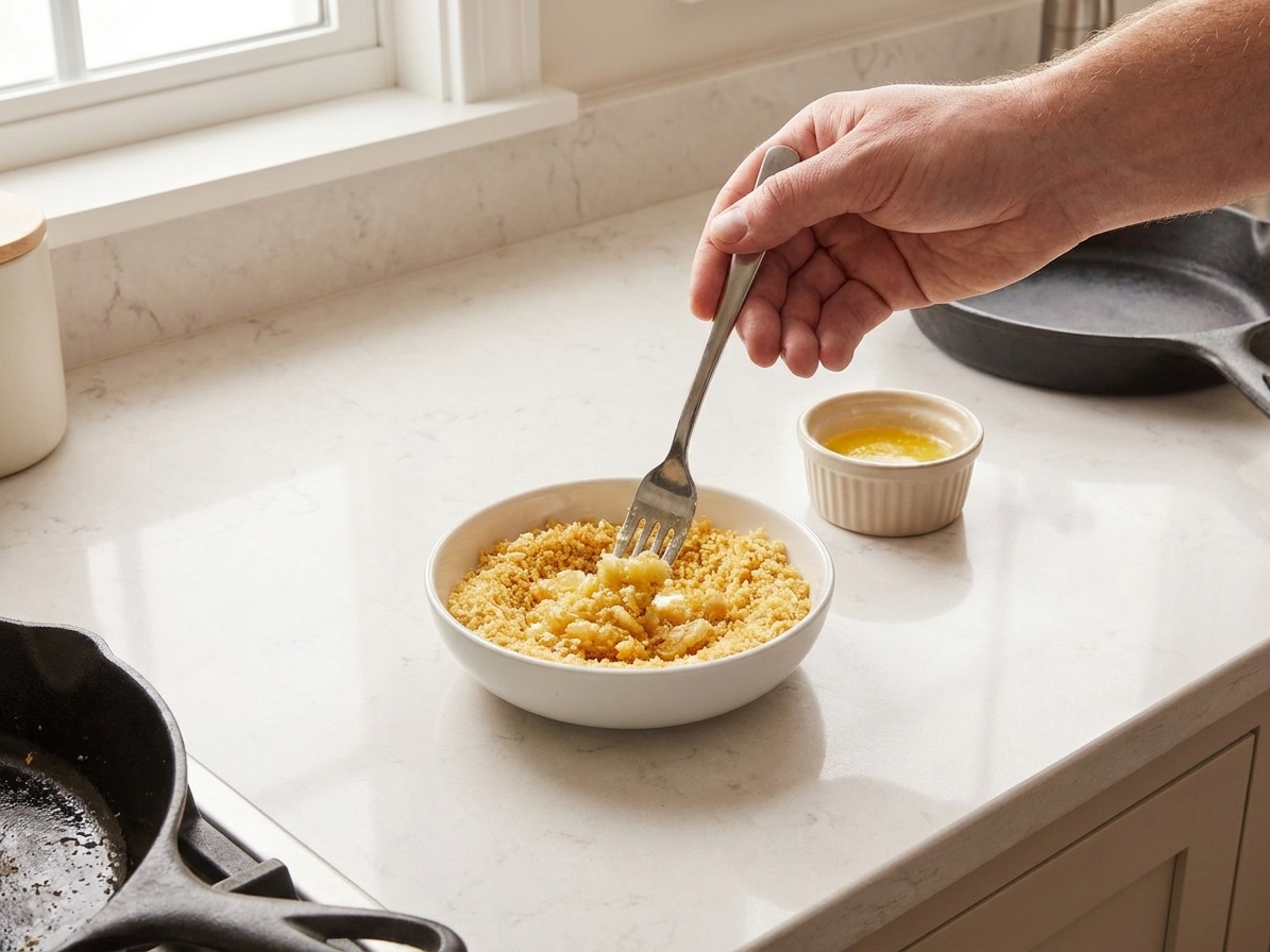 A small bowl of panko breadcrumbs being stirred with melted butter using a fork on a kitchen counter