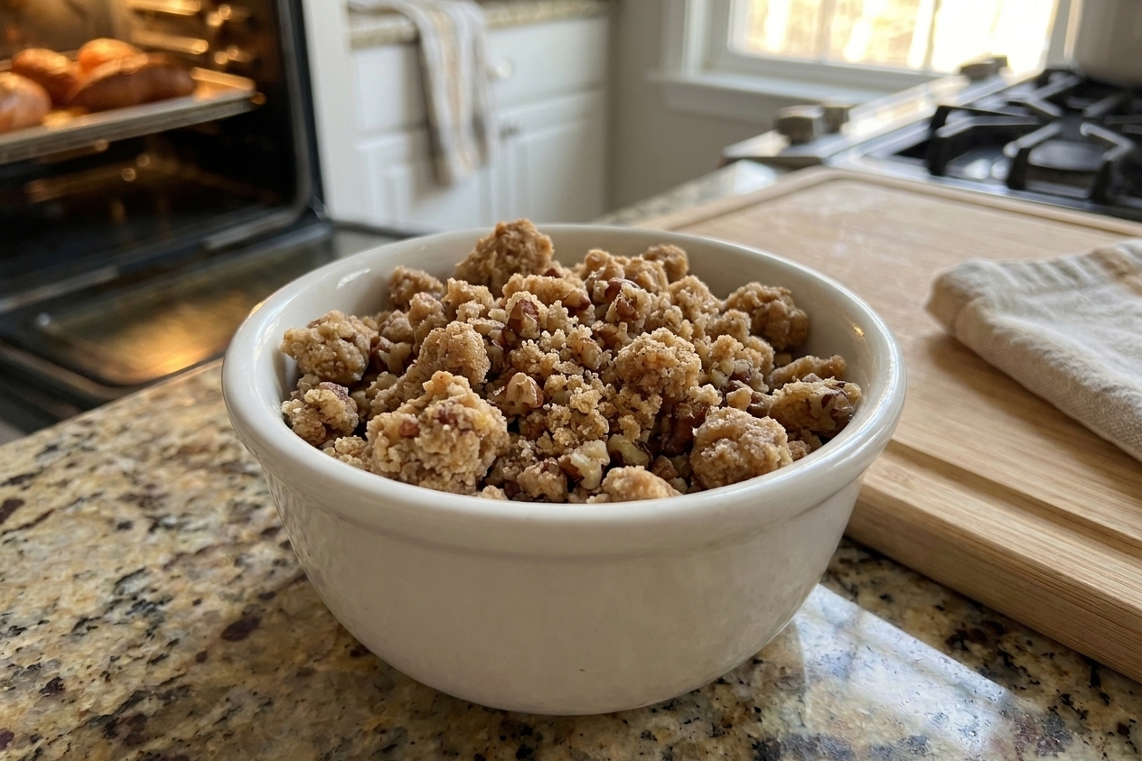A small bowl of pecan streusel topping with butter mixed in, forming crumbly clumps on a kitchen counter