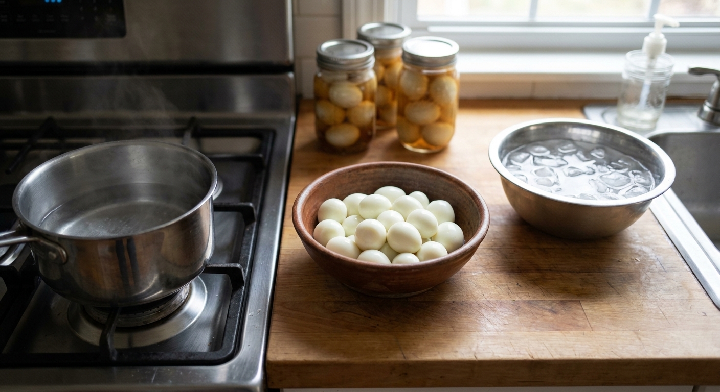 A small bowl of peeled quail eggs on a kitchen counter next to a saucepan and an ice bath