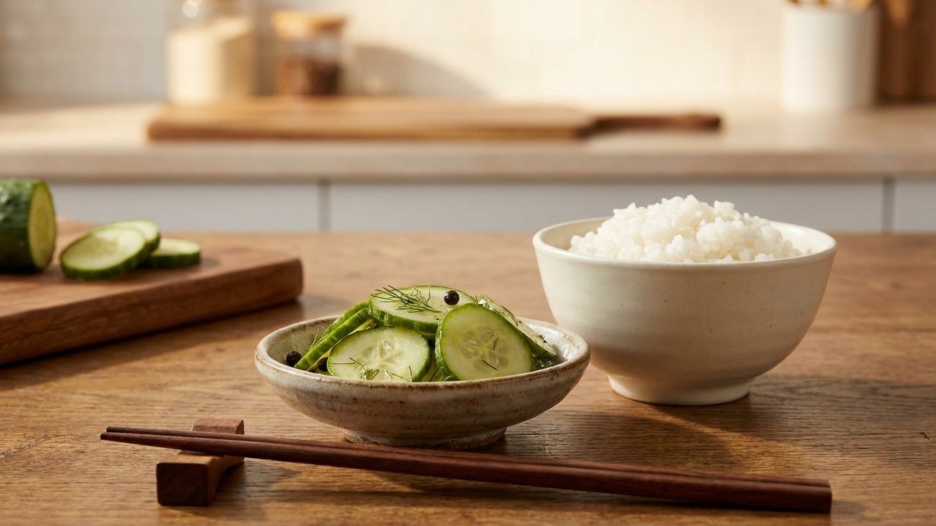 A small bowl of pickled cucumber slices on a dinner table next to chopsticks and a simple rice bowl setting