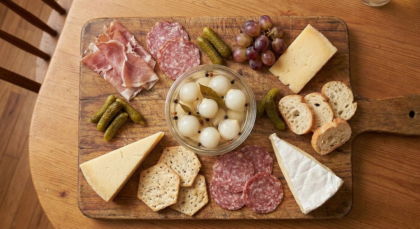 A small bowl of pickled pearl onions on a wooden charcuterie board with crackers, cheese, and cured meat on a dining table