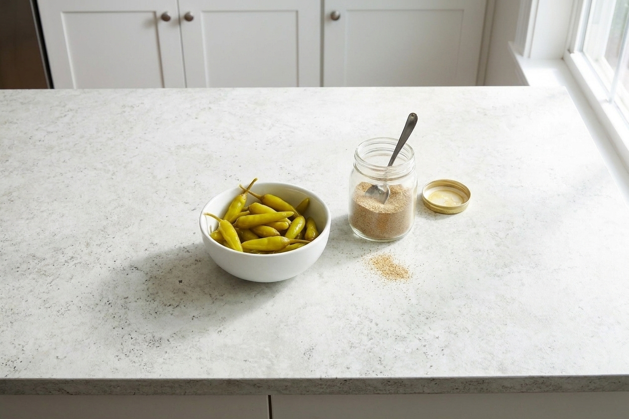A small bowl of pickled sport peppers next to a jar of celery salt on a clean kitchen counter