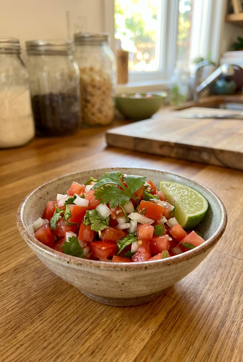 A small bowl of pico de gallo with diced tomatoes, onion, cilantro, and lime