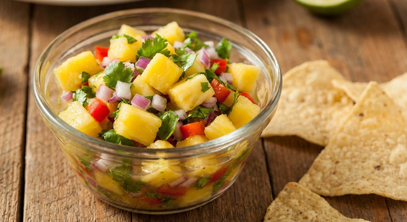 A small bowl of pineapple salsa with red onion and cilantro