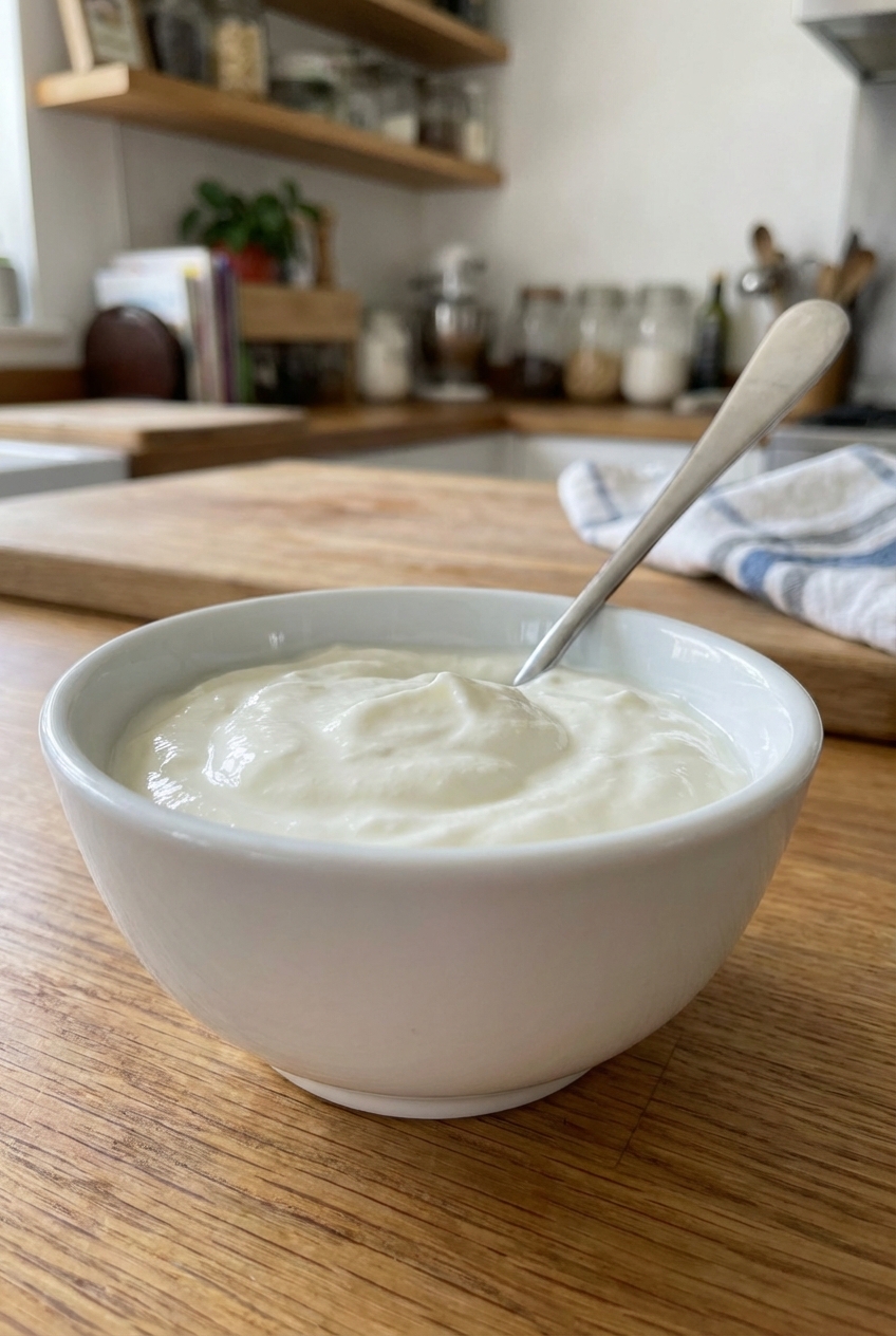 A small bowl of plain Greek yogurt with a spoon