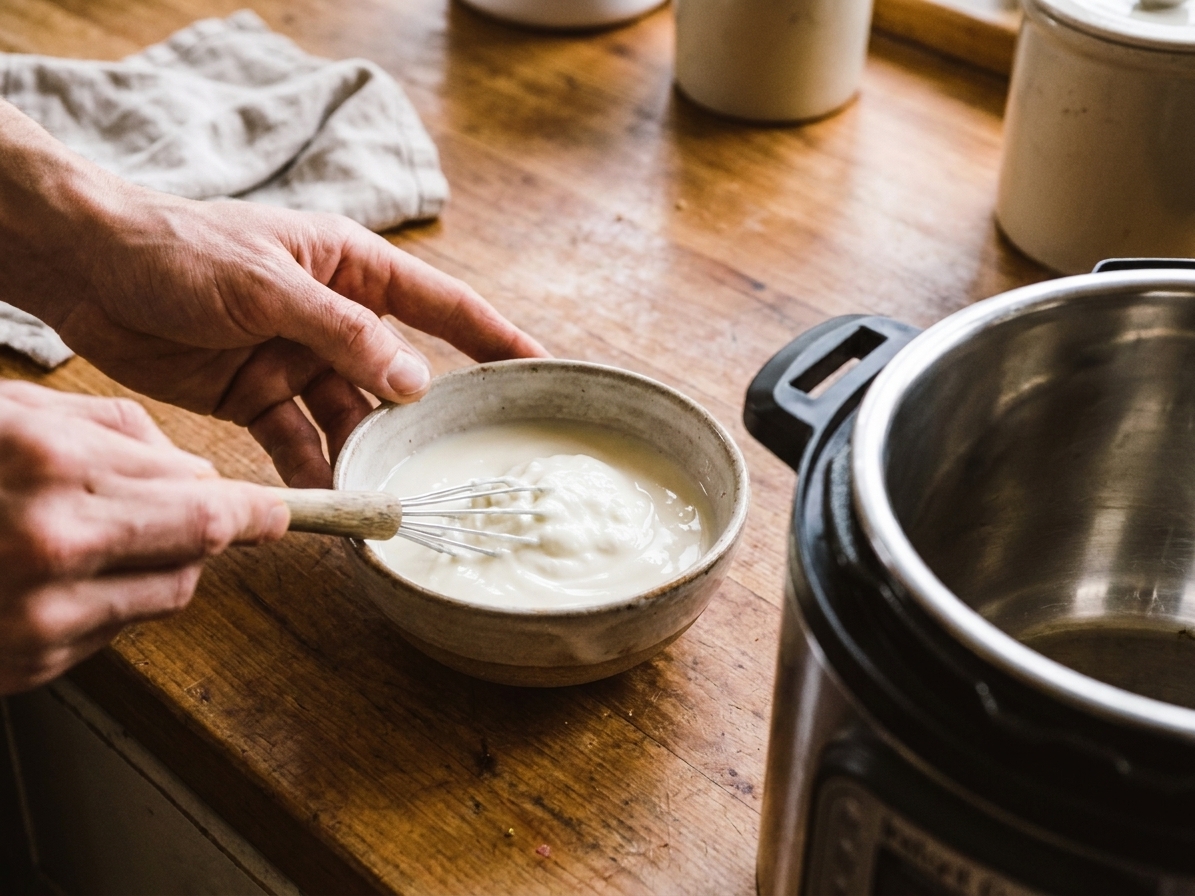A small bowl of plain yogurt starter being whisked with warm milk on a clean kitchen counter next to the Instant Pot insert