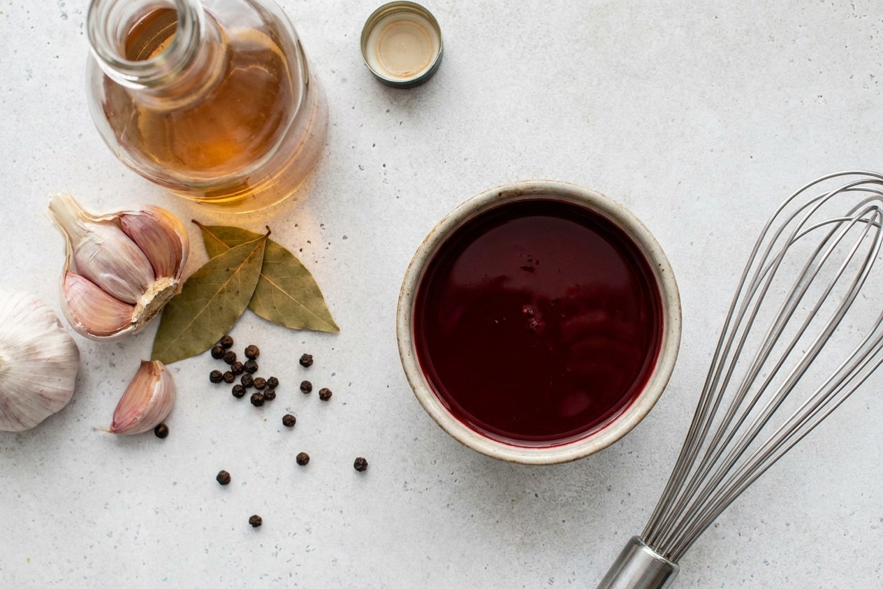 A small bowl of pork blood on a kitchen counter beside vinegar and aromatics, ready to be whisked smooth for cooking