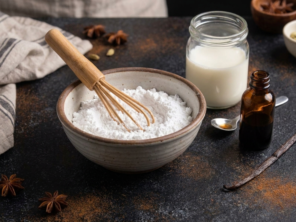 A small bowl of powdered sugar with milk and vanilla nearby on a kitchen counter, ready to whisk into glaze
