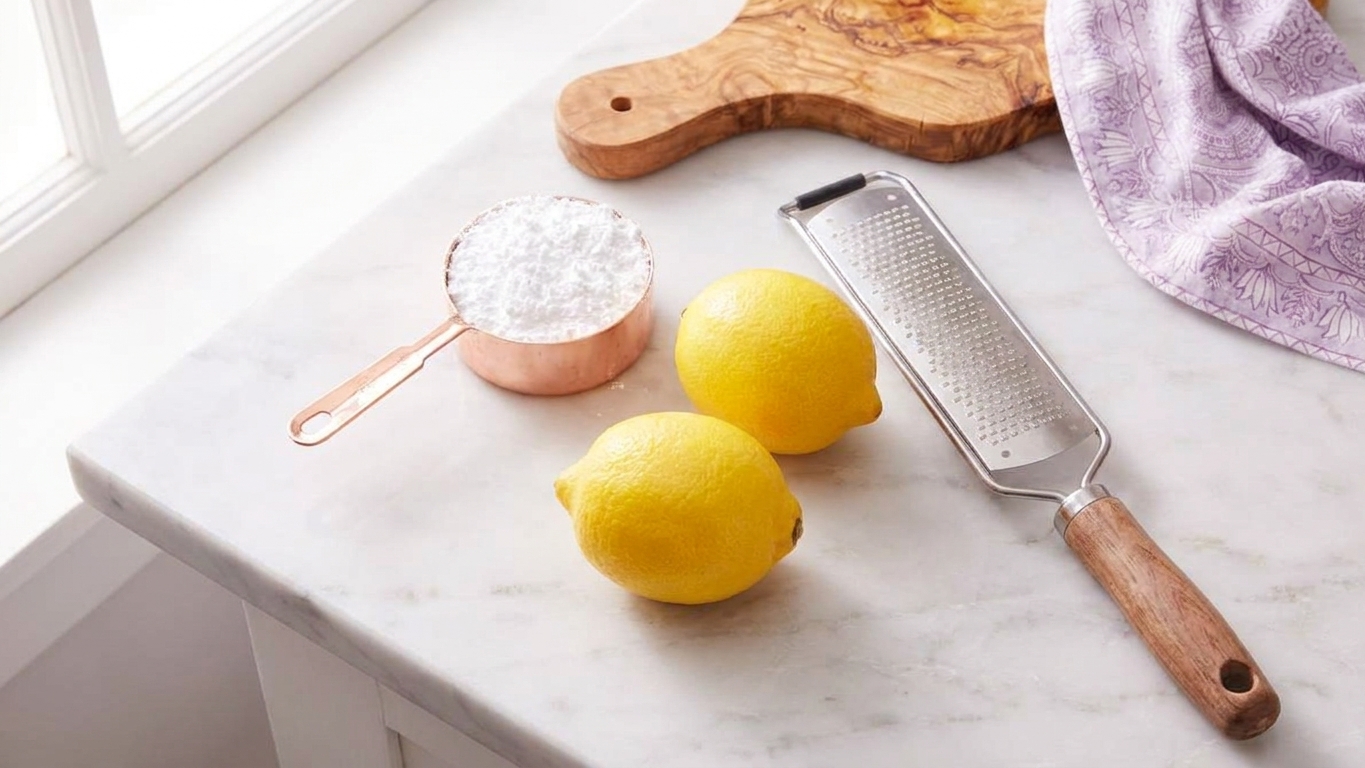 A small bowl of powdered sugar with whole lemons and a microplane zester on a clean kitchen counter in natural window light