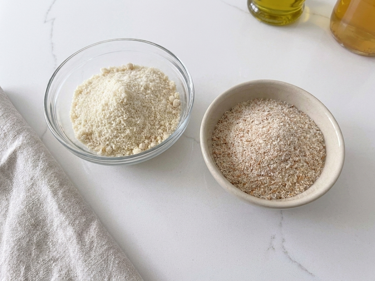 A small bowl of psyllium husk next to a bowl of finely ground blanched almond flour on a kitchen counter