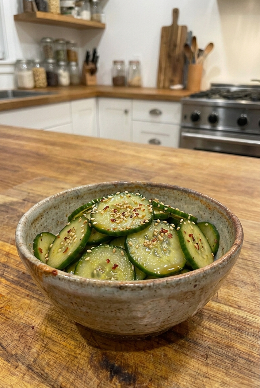 A small bowl of quick cucumber salad with sesame seeds and thinly sliced cucumbers