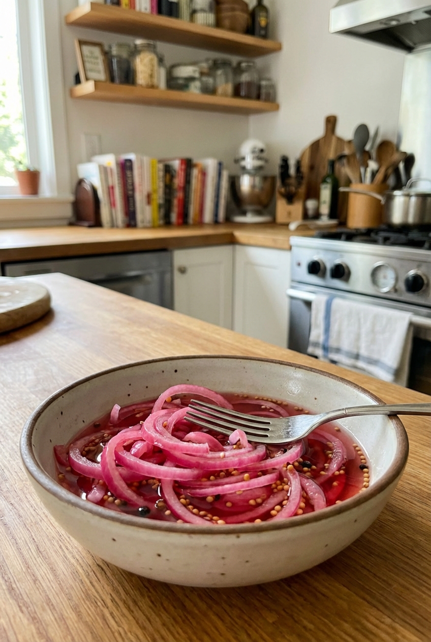 A small bowl of quick pickled red onions with a fork