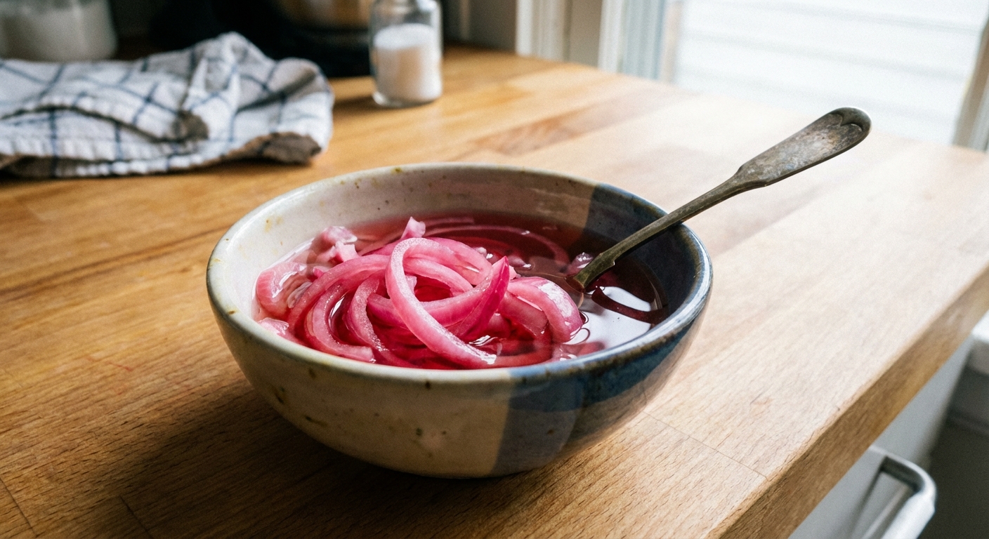 A small bowl of quick pickled red onions with a spoon