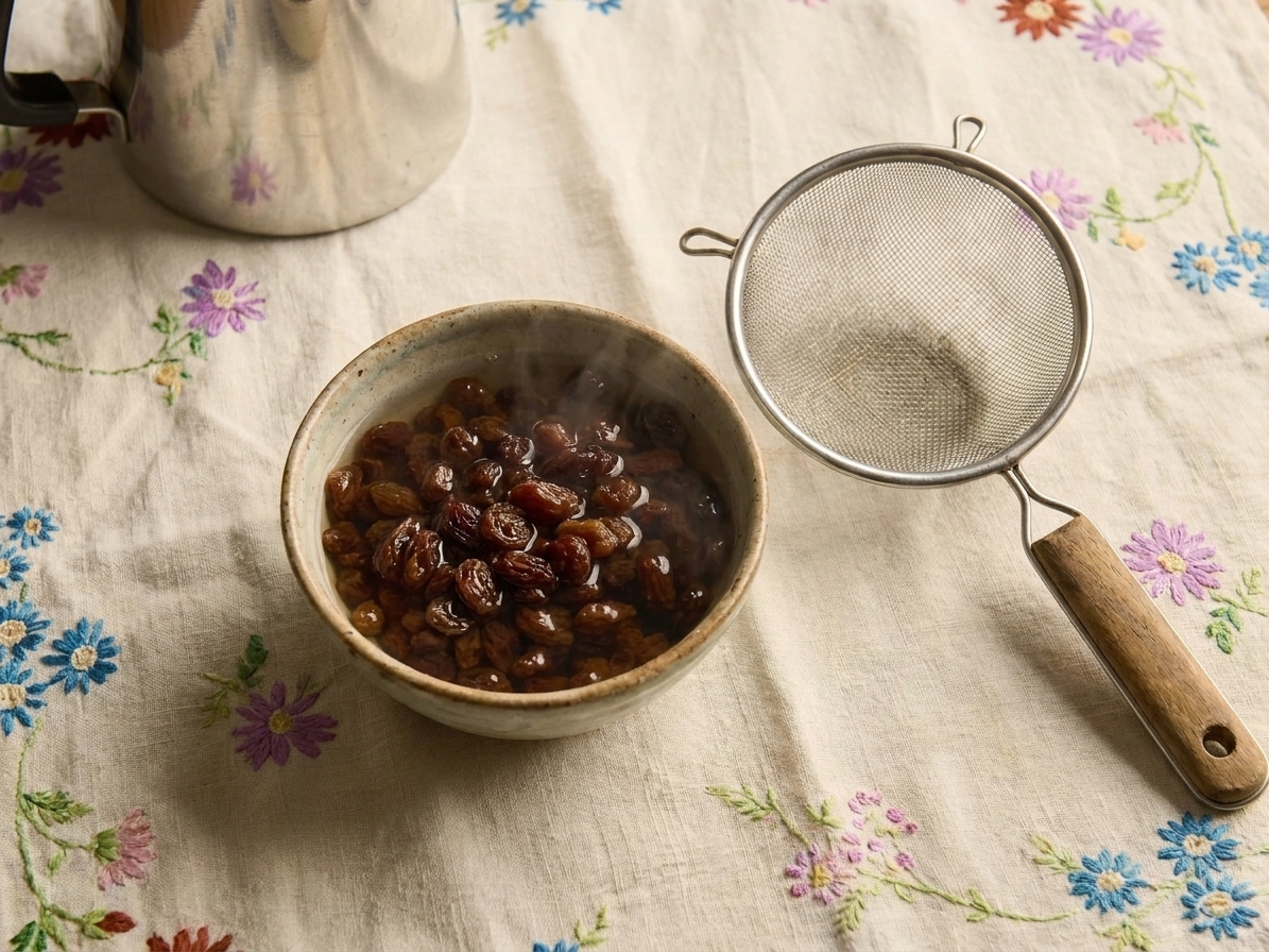 A small bowl of raisins soaking in hot water on a kitchen counter next to a fine-mesh strainer