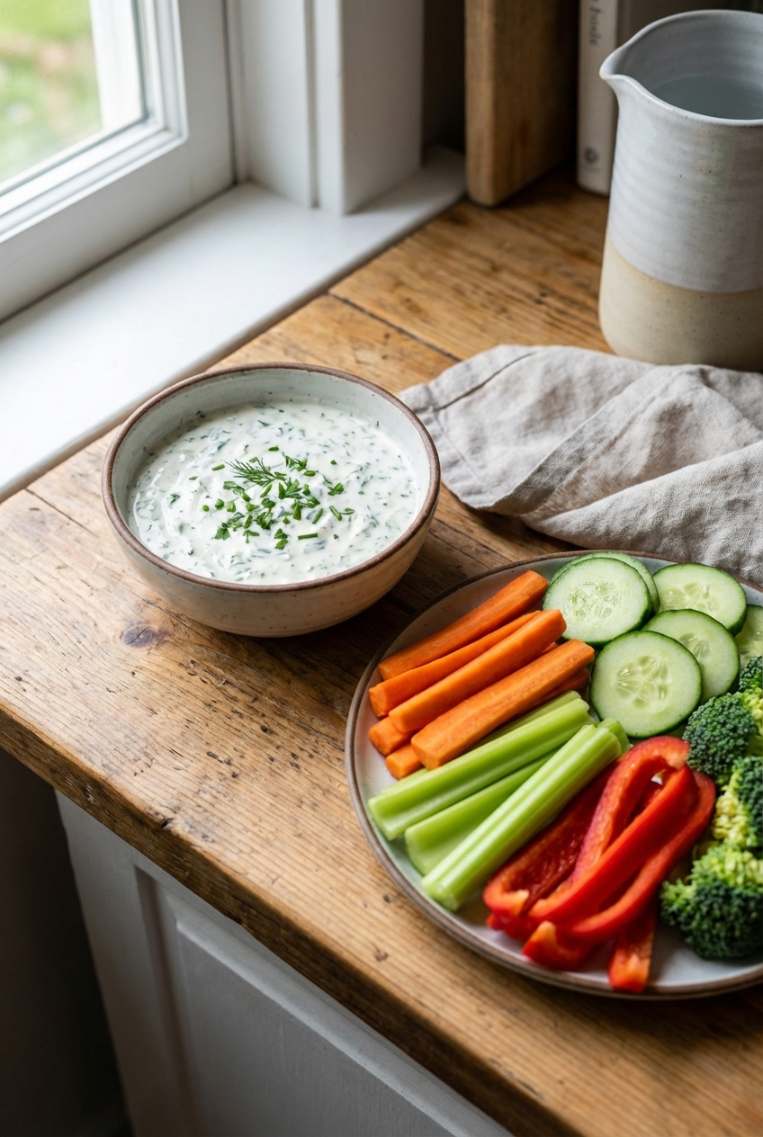 A small bowl of ranch dip with chopped herbs beside sliced vegetables