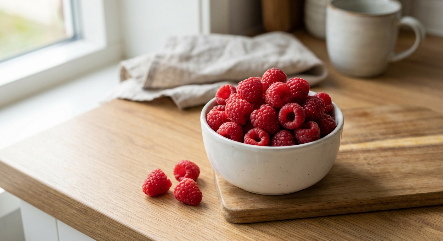 A small bowl of raspberries with a few berries scattered on a countertop