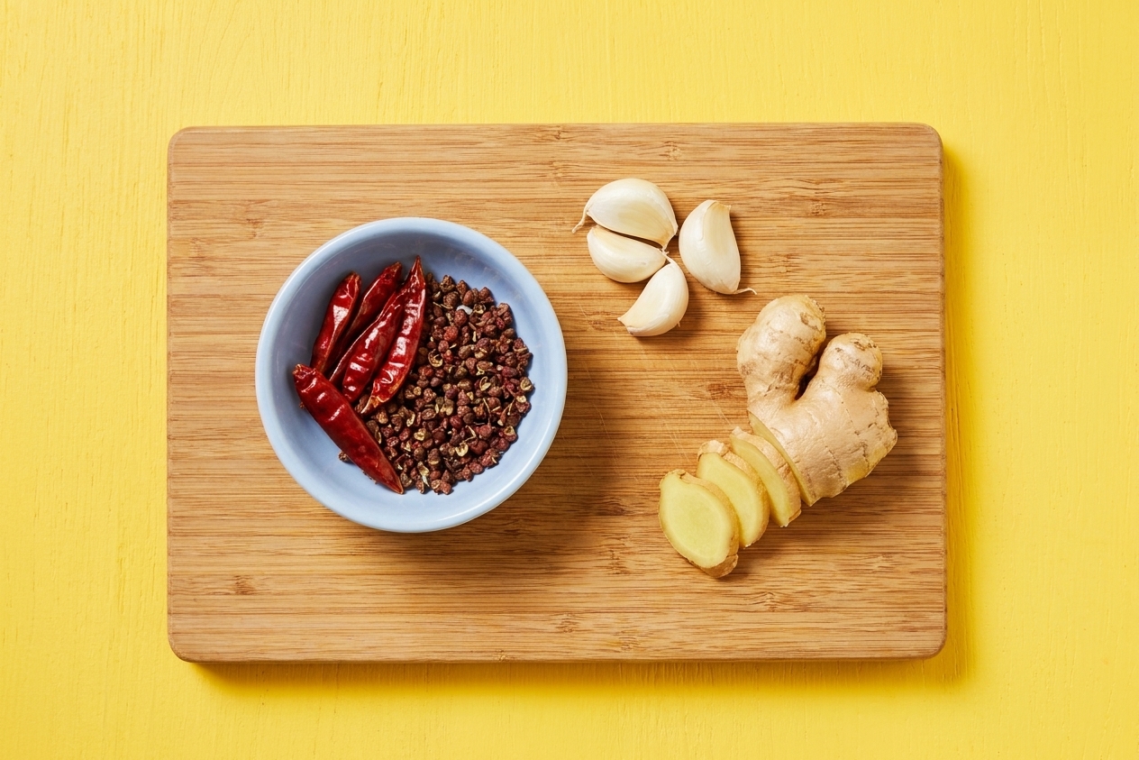 A small bowl of red dried chiles and Szechuan peppercorns on a wooden cutting board beside garlic and ginger on a kitchen counter