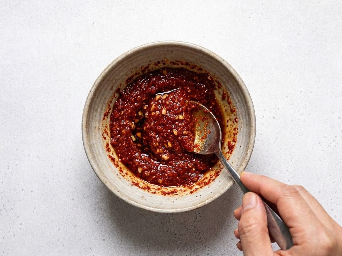 A small bowl of red kimchi seasoning mixture made with gochugaru, garlic, and soy sauce, mixed with a spoon on a kitchen counter