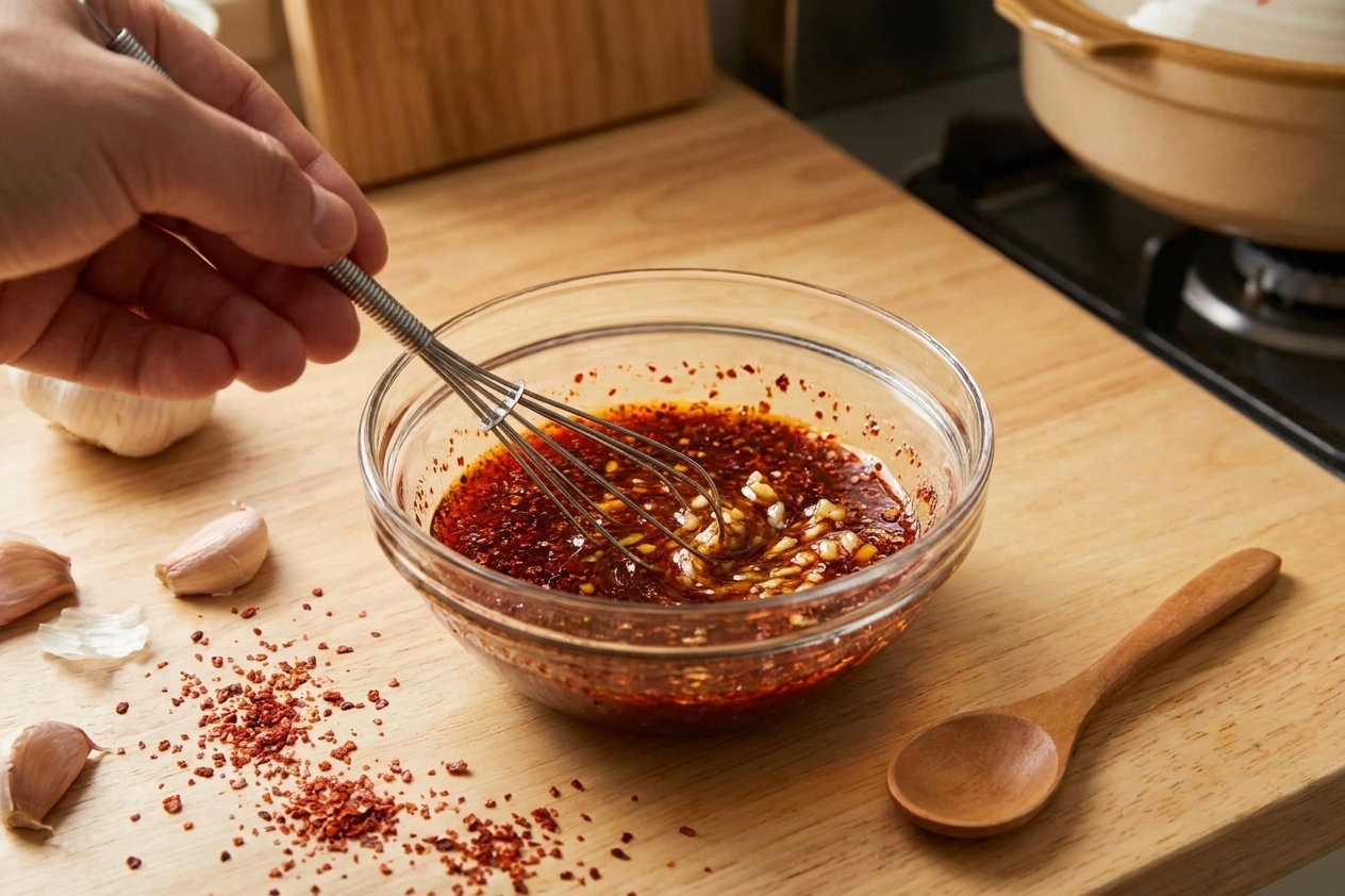 A small bowl of red-tinged dressing being whisked with garlic and gochugaru on a light kitchen counter