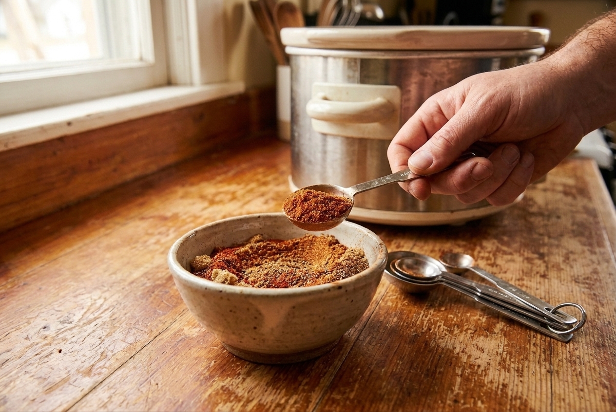 A small bowl of reddish-brown dry spice rub on a kitchen counter next to measuring spoons
