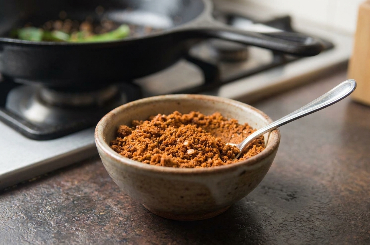 A small bowl of reddish garlic coconut chutney powder with a spoon on a kitchen counter