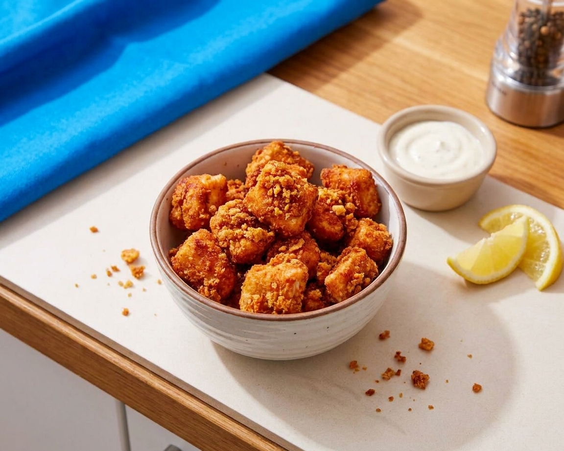 A small bowl of reheated crispy chicken bites with crunchy crumbs next to a dipping sauce on a kitchen counter