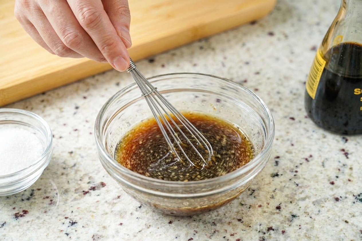 A small bowl of rice vinegar dressing being whisked with sugar, soy sauce, and sesame oil on a kitchen counter