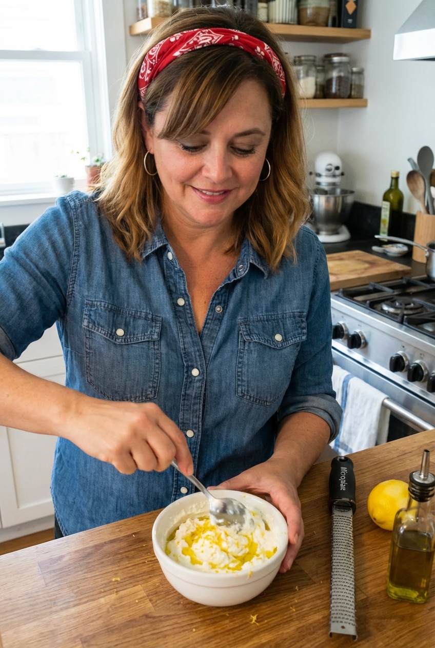 A small bowl of ricotta being whipped with lemon zest and olive oil using a spoon on a kitchen counter