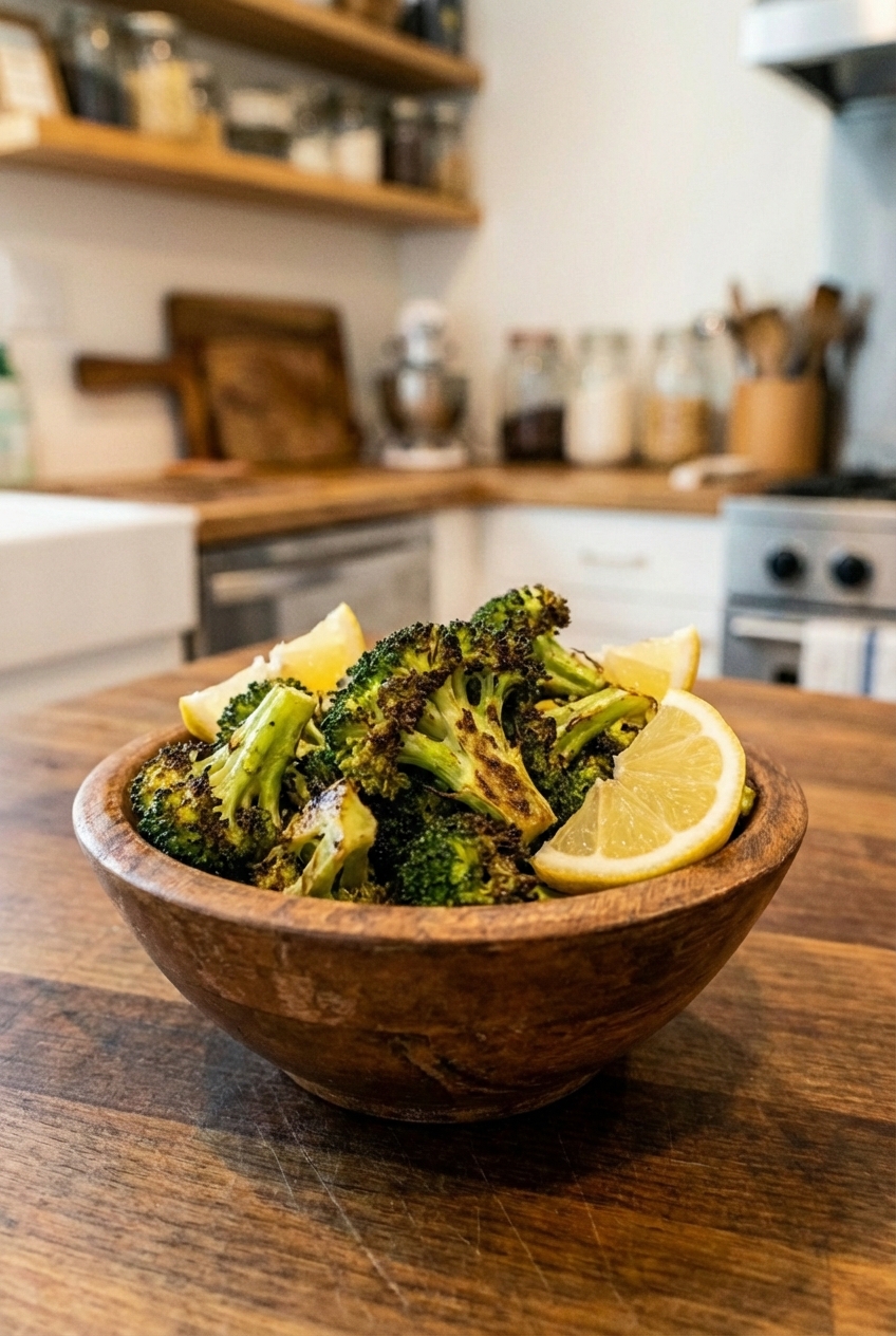 A small bowl of roasted broccoli with browned edges and lemon wedges