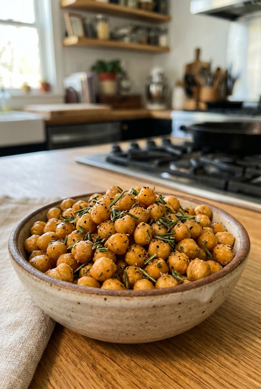 A small bowl of roasted chickpeas seasoned with herbs