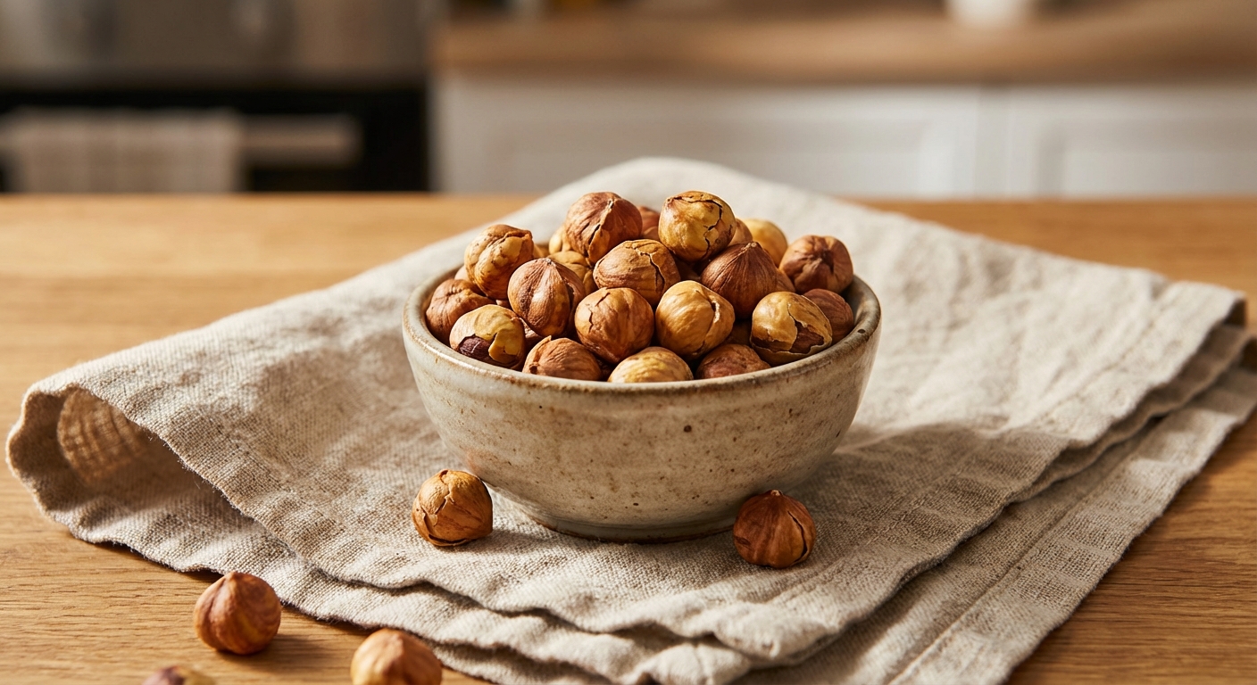 A small bowl of roasted hazelnuts on a linen napkin