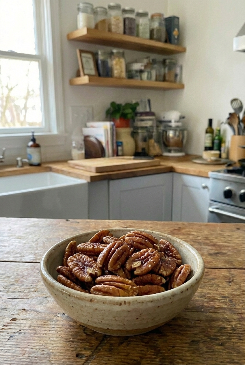 A small bowl of roasted pecans on a wooden table