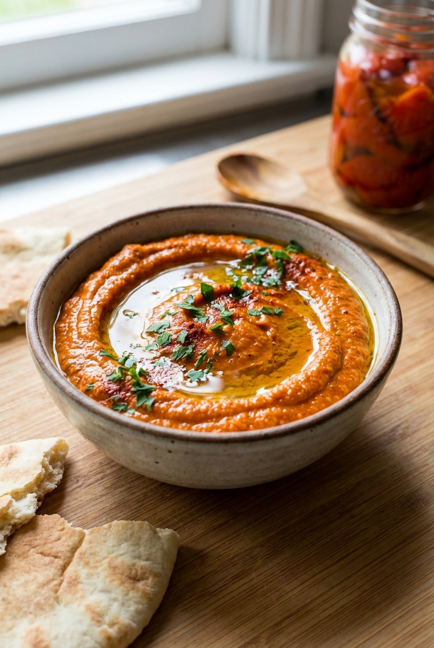 A small bowl of roasted red pepper dip with olive oil on top