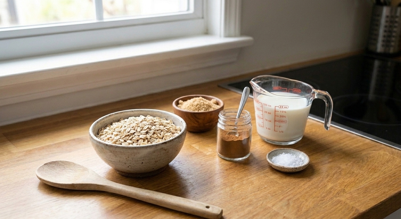 A small bowl of rolled oats next to brown sugar, cinnamon, salt, and a measuring cup of milk on a kitchen counter