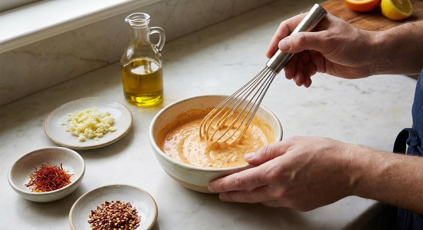A small bowl of rouille being whisked, showing a creamy orange-tinted garlic sauce